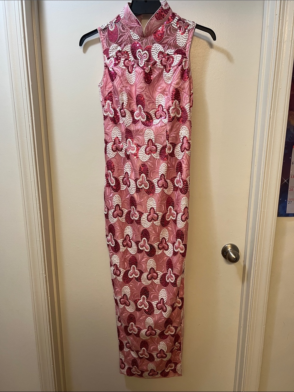 Pink Floral Brocade Cheongsam Style Maxi Dress